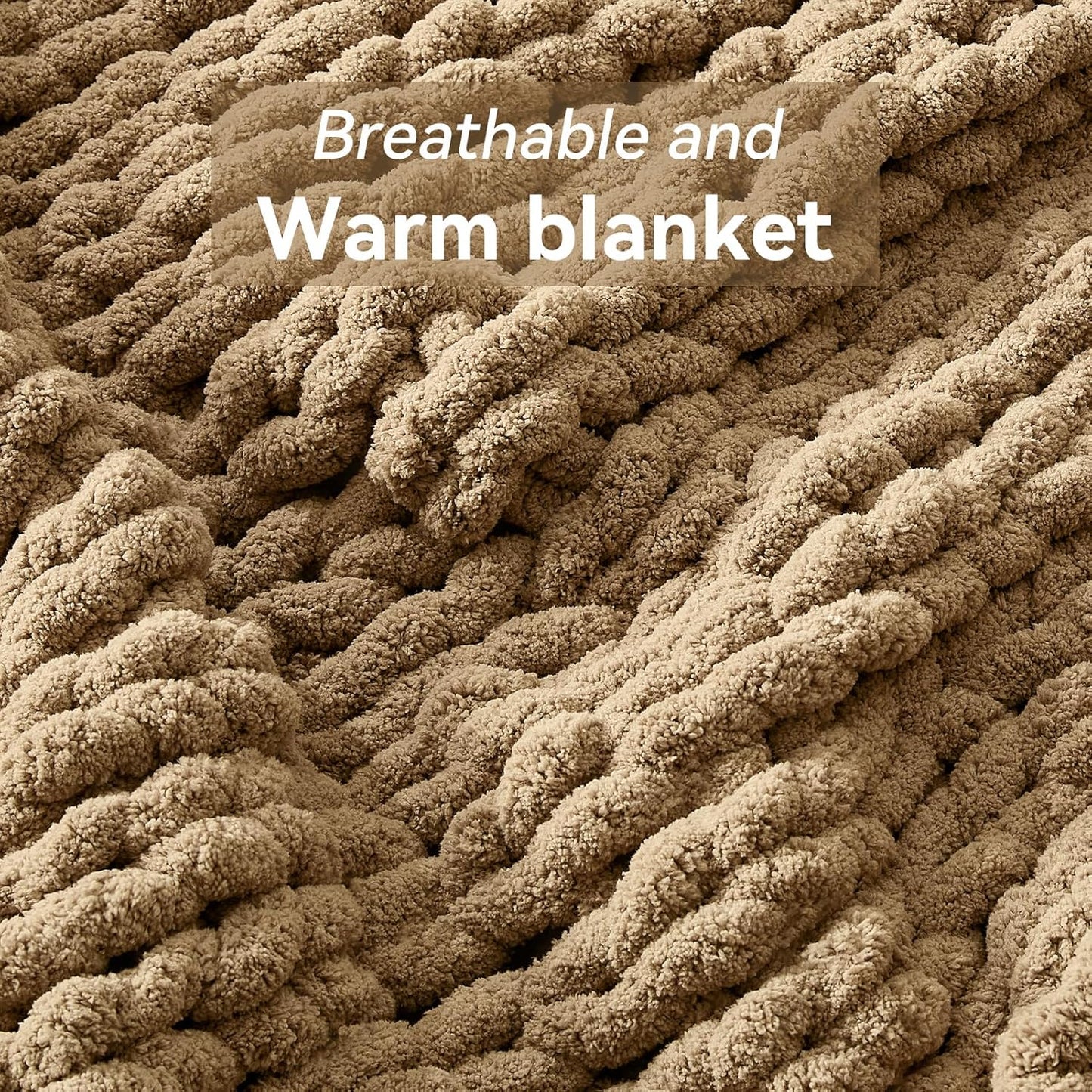 Chunky Knit Throw Blanket, 40''*50'' Knitted Throw Chenille Yarn for Bed Couch, Handmade Light Brown Crochet Big Thick Blanket, Machine Washable Cute Comfy Blanket for Home Decor