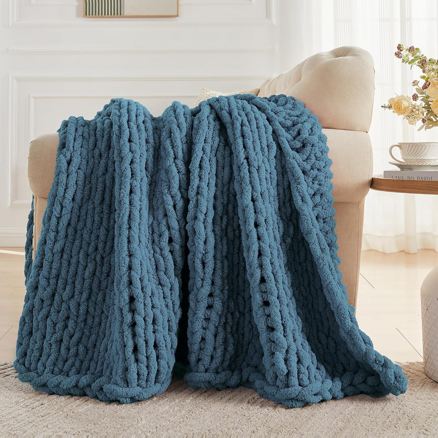 Carriediosa Chunky Knit Throw Blanket 60" X 80" Twin, 100% Hand Made Large Chenille Loop Yarn Soft Fluffy Throws for Couch Sofa Bed, Big Crochet Cozy Heavy Thick Cable Woven Blankets, Lyons Blue