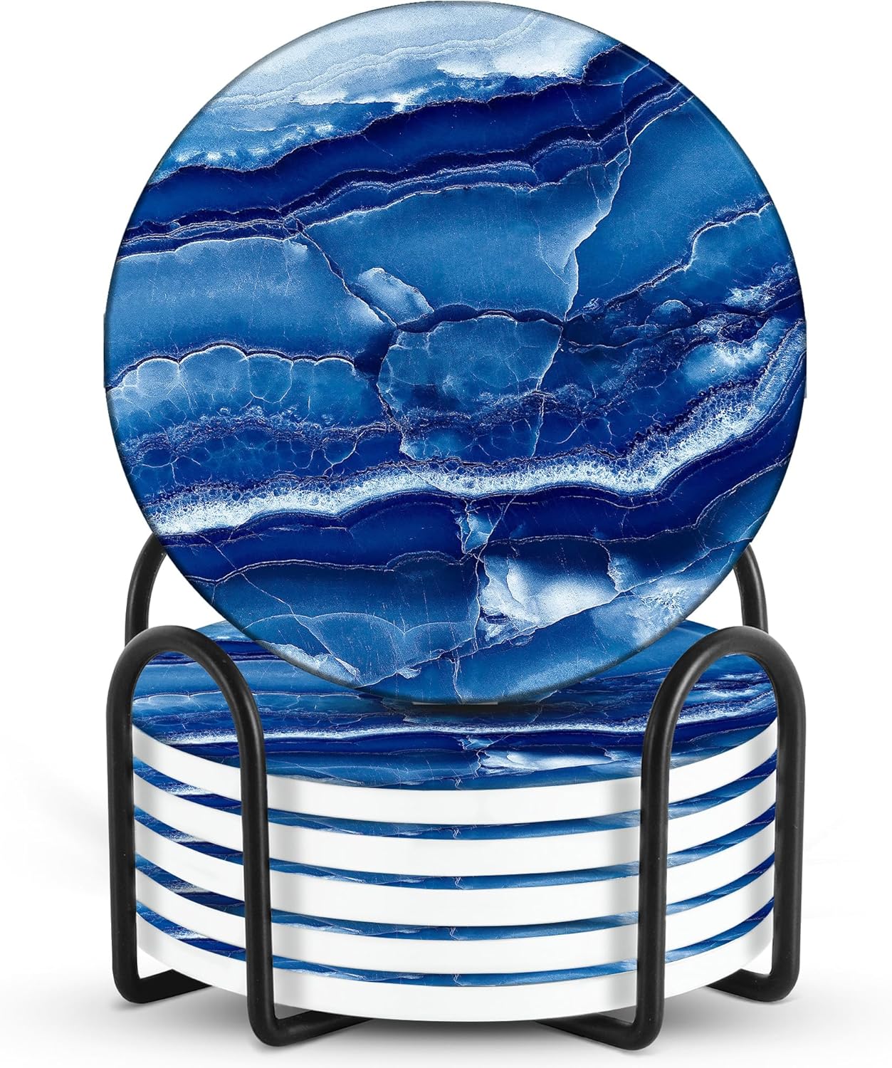 Emerson Coasters for Drinks Absorbent – Dining Table Set of 6 with Holder, 100% Ceramic Wooden Tabletop Protection Marble Style - Non Slip & Cork Bottom - Heavy Duty (Blue Onyx)