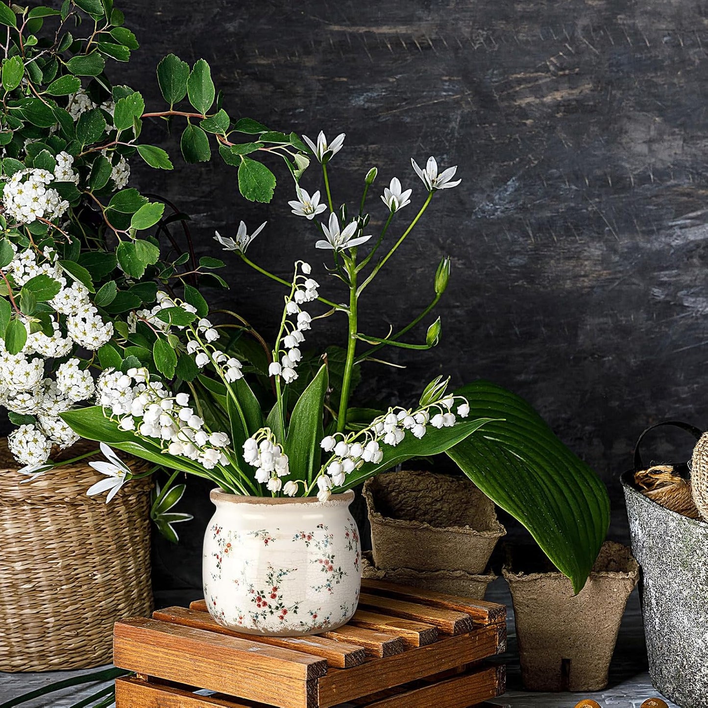 Vintage Planter Large Ceramic Plants Pot Beige Red Rustic Floral Ice Crack Cottage Scroll Vase Flower Vase Pot Indoor Plants Home Kitchen Decor Farmhouse Antique Decorative Gifts