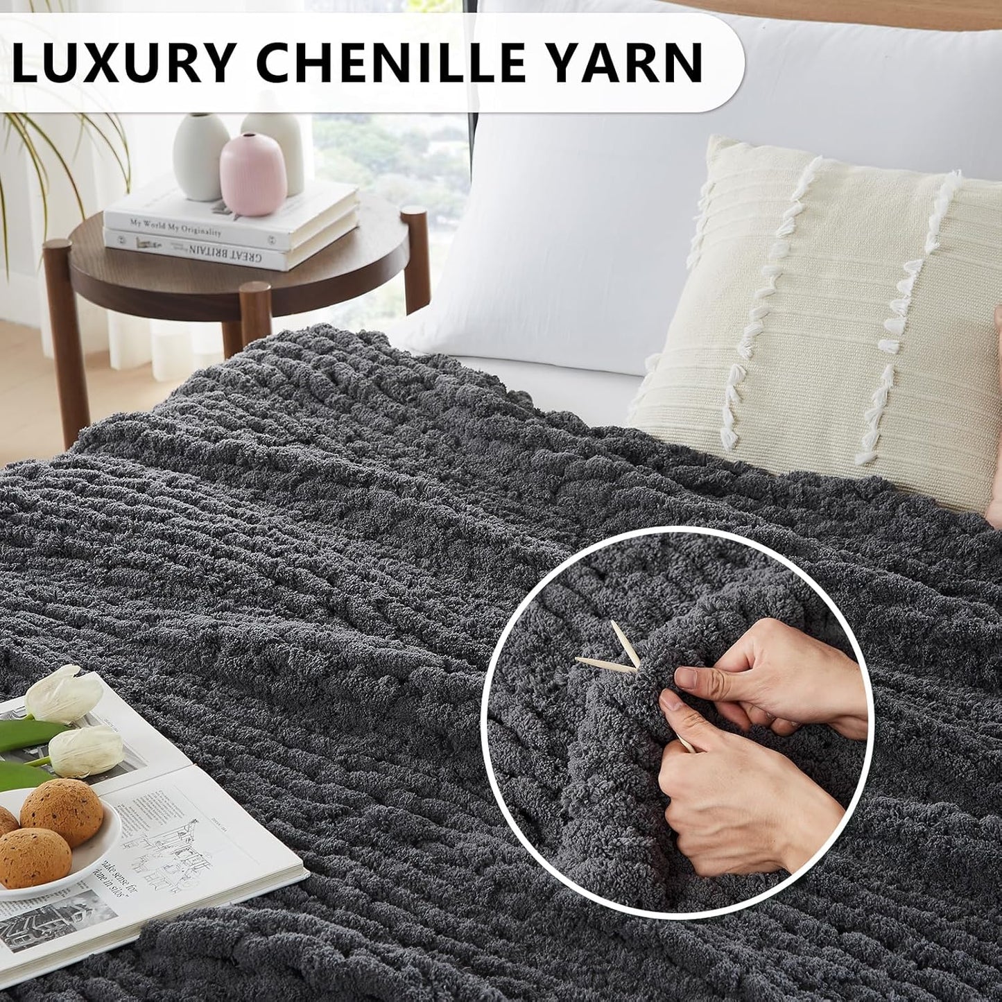 L'AGRATY Chunky Knit Blanket Throw - Soft Throw Blanket 40x50: 100% Hand Kintted Chenile Crochet Throw Blanket for Couch - Large Cable Knit Blanket for Home Decor (Dark Grey)
