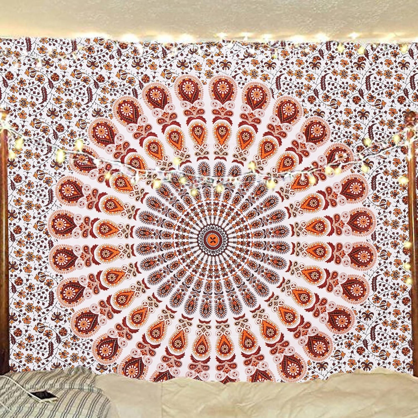 Bless International Handmade Indian hippie Bohemian Psychedelic Peacock Mandala Wall hanging College Dorm Beach Throws Table Cloth Bedding Tapestry (Orange Brown, Poster(30x40Inches)(76x101cms))