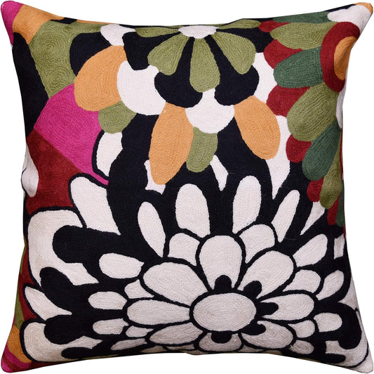 Black Daisy Floral Pillow Cover Flower Pillowcase Outdoor Suzani Accent Cushion Traditional Chair Cushions Hand Embroidered Wool Size - 18x18