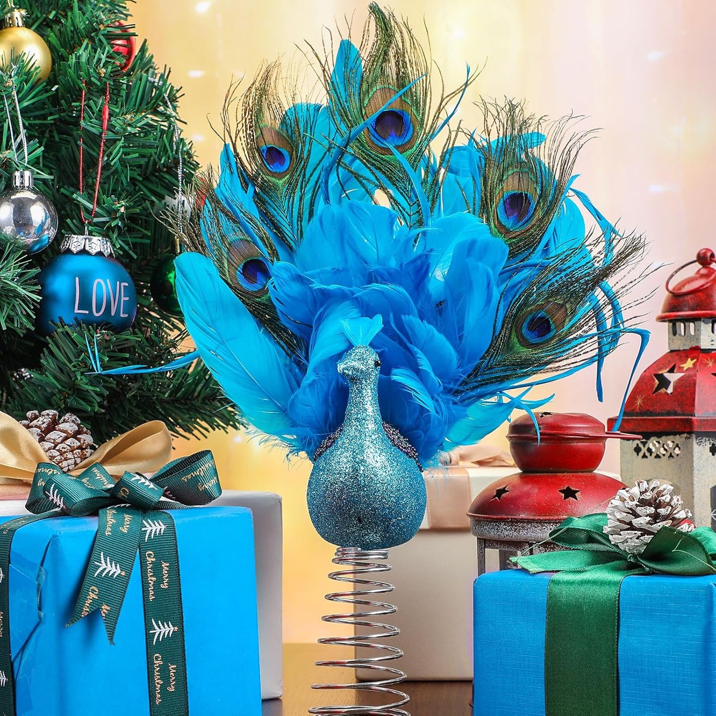 Retisee 15-Inch Christmas Peacock Tree Topper - Artificial Feather Glitter Blue Ornament for Indoor Outdoor Tree Home Decor