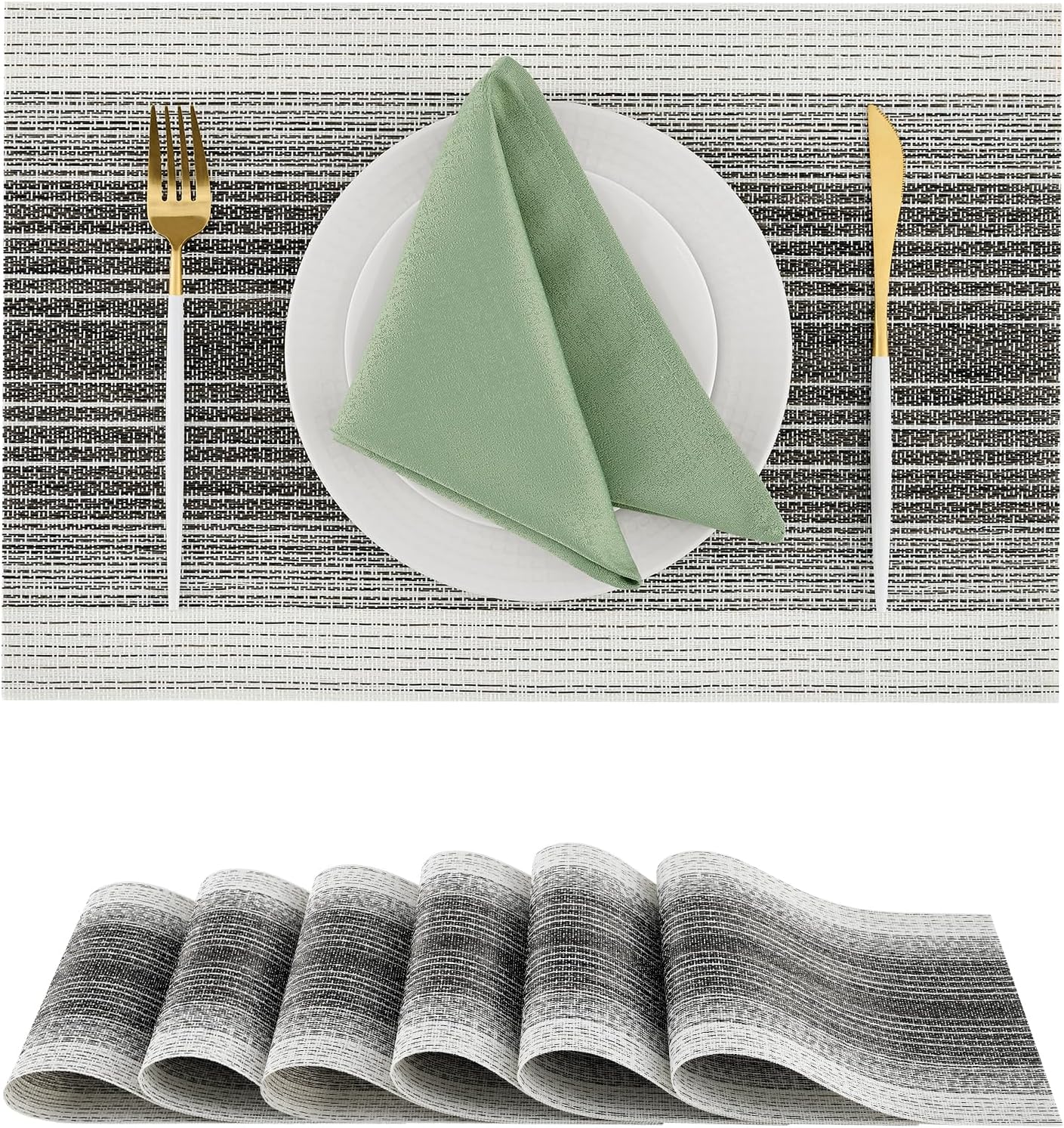 Leetaltree Black with White Woven Placemats Set of 6 - Heat Resistant Non-Slip Place mats for Dining Table, Washable Durable PVC Vinyl Woven Table Mats(Black with White, 6)