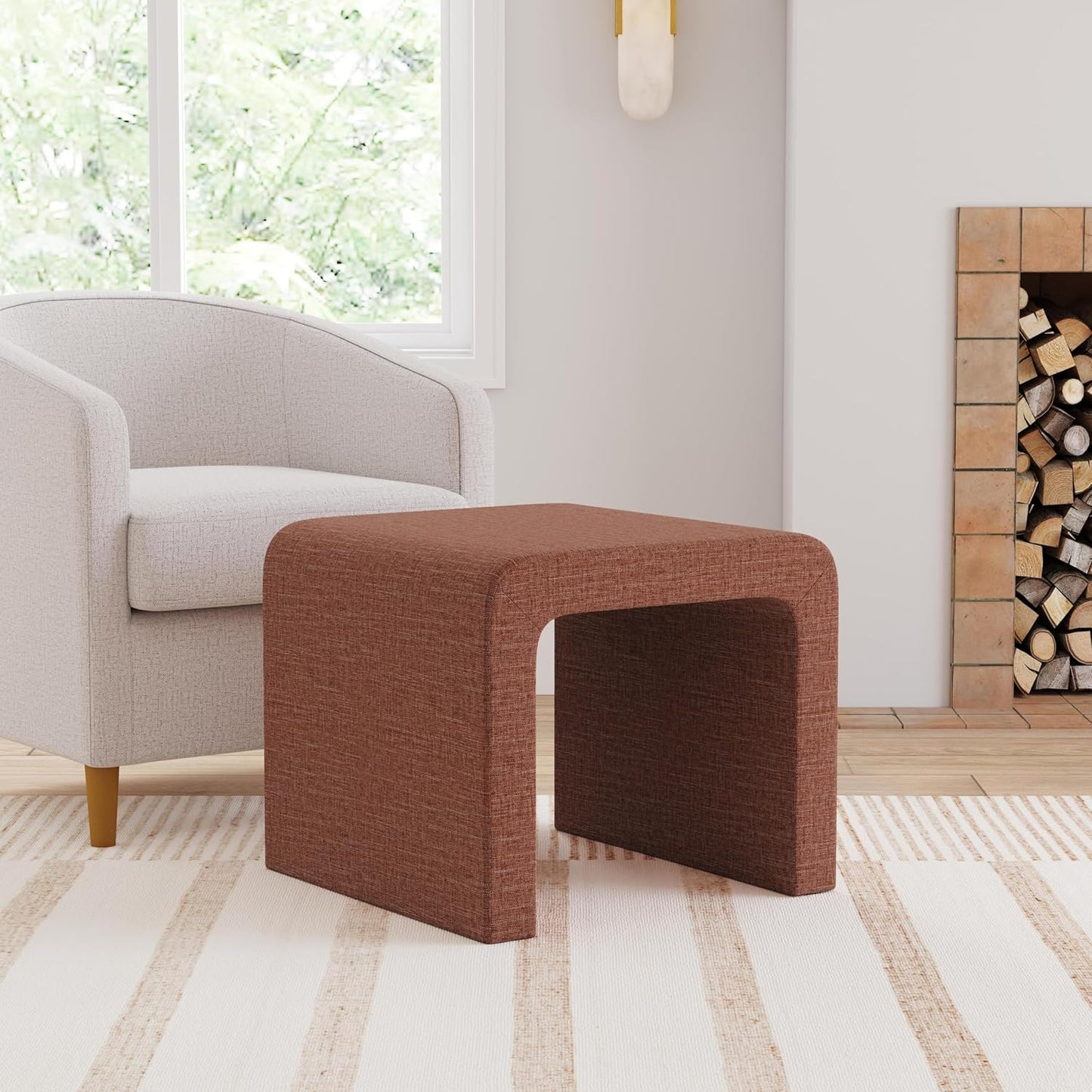 Modern Channel Rust Chenille Foot Stools Ottoman Home Décor, Soft Ottoman Foot Rest Chair for Bedroom and Living Room, Vanity Chair and Stool in Dressing Area, and Lounge (Rust Chenille)