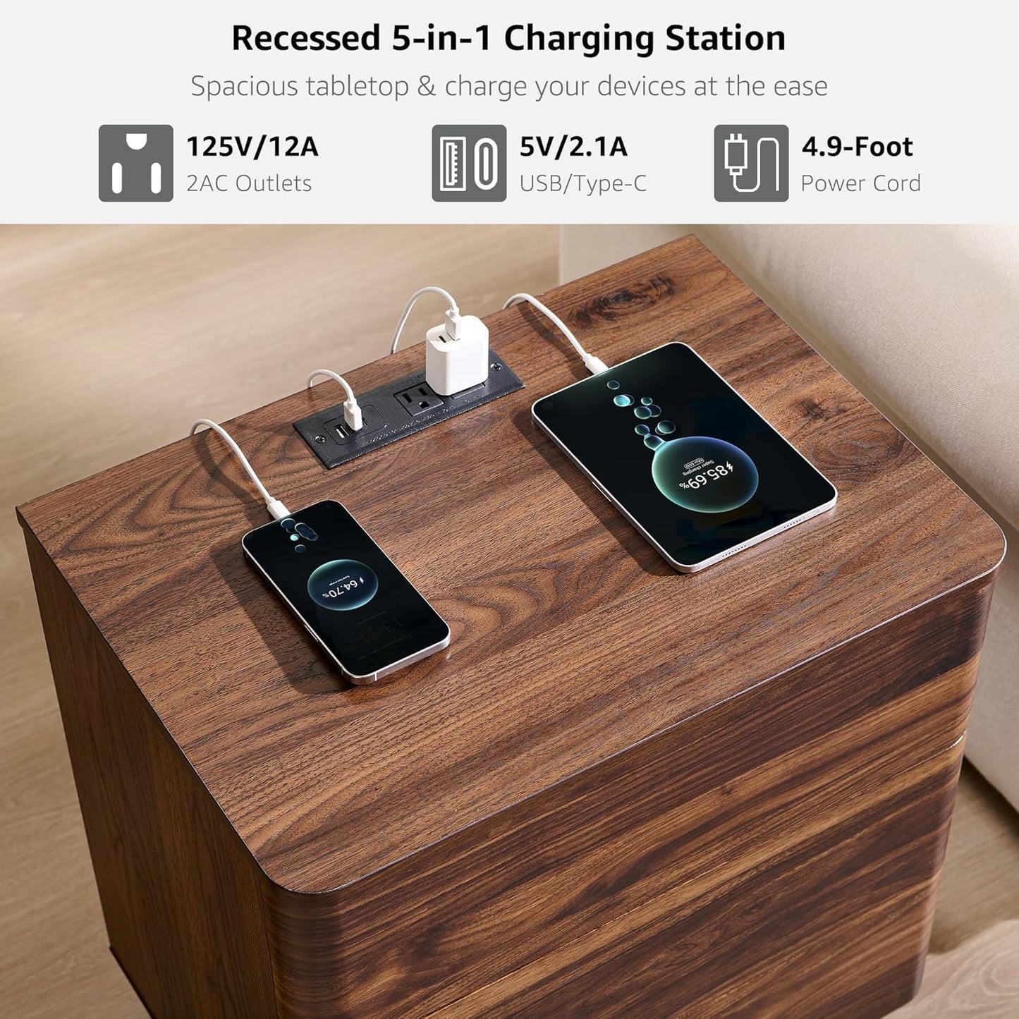 JXQTLINGMU 22" Modern Nightstand with Charging Station, Large Push-to-Open End Table, Wood Bedside Table w/Curved Profile Design, Handleless 3 Drawer Night Stand for Bedroom, Living Room, Brown