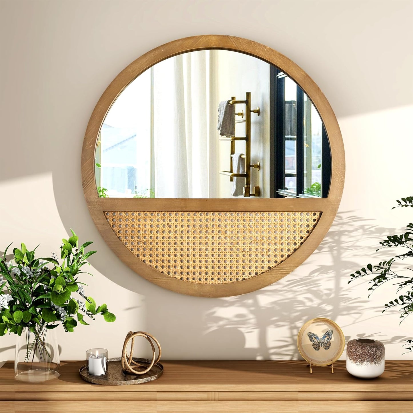 Rattan Round Mirror, 24 Inch Wall Mirror for Living Room Decor, Wooden Framed, Vintage Hanging Mirror, Hand-Woven for Wall Art Decoration