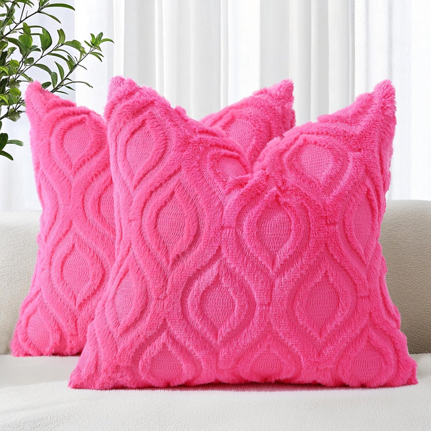 decorUhome Fall Throw Pillow Covers 16x16 Inch Set of 2, Soft Plush Decorative Faux Fur Hot Pink Solid Couch Pillow Covers, Accent Farmhouse Neutral Square Euro Pillow Cases for Sofa Bed Living Room