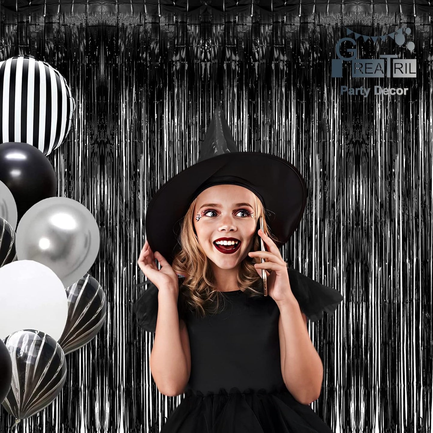 Black Tinsel Backdrop Curtain - GREATRIL Tinsel Curtain Party Backdrop Streamers for Wizard Birthdays/Stranger Theme/Doorway/Halloween Decorations Party - 2 Packs