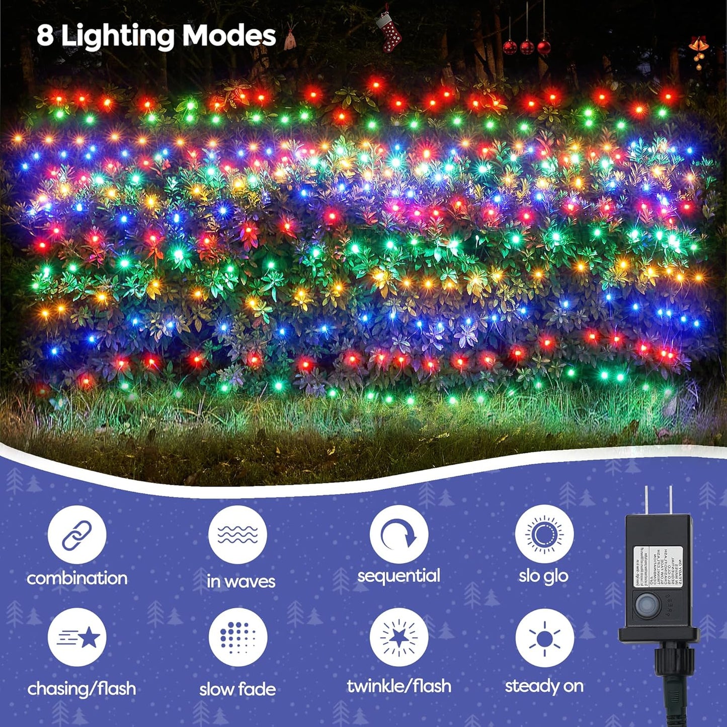 WBao Christmas Lights Outdoor, 200LED 8.4ft x 5.2ft Christmas Net Lights with 8 Modes, Timer, End to End Connectable, Waterproof LED Net Lights for Lawn, Bushes, Trees Xmas Decorations, Multicolor