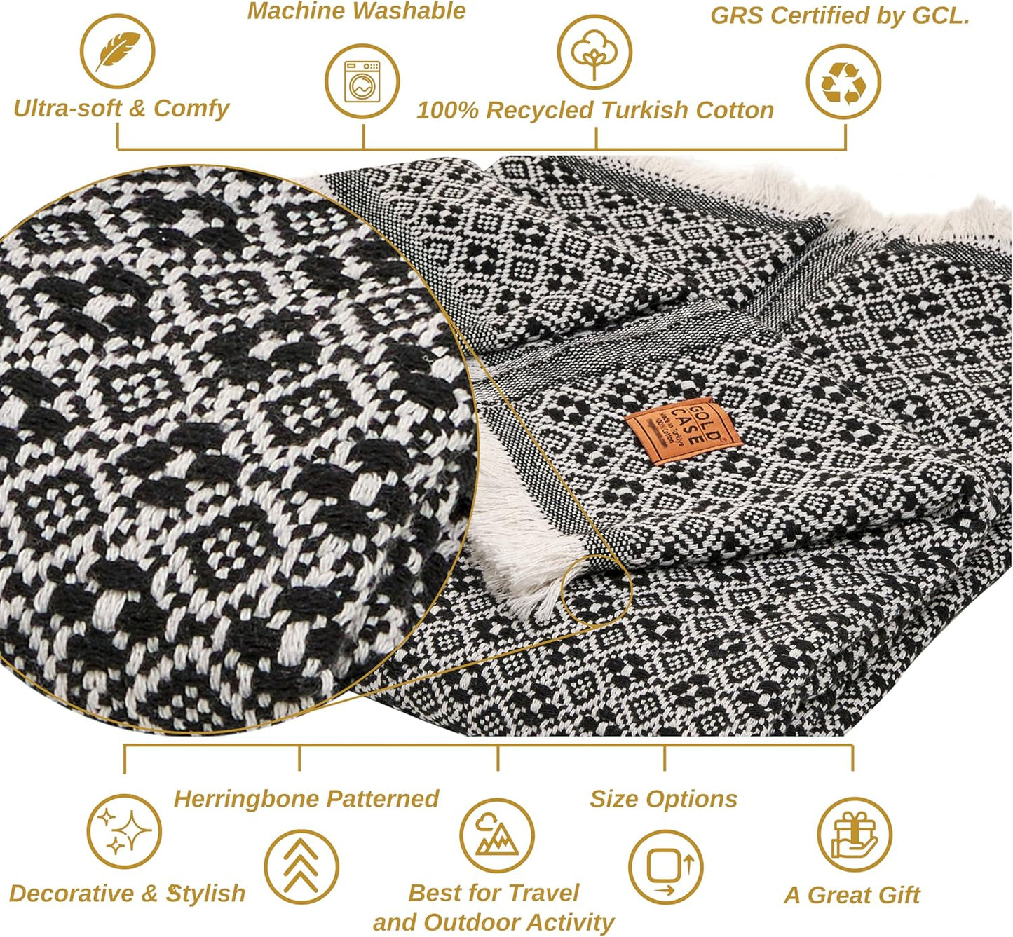 Gold Case Throw Blanket for Couch - 100% Recycled Turkish Cotton Blankets & Throws - Retro Soft Throw Blankets for Living Room Sofa - Boho Decorative Woven Throws for Couch - 60x80 - Black