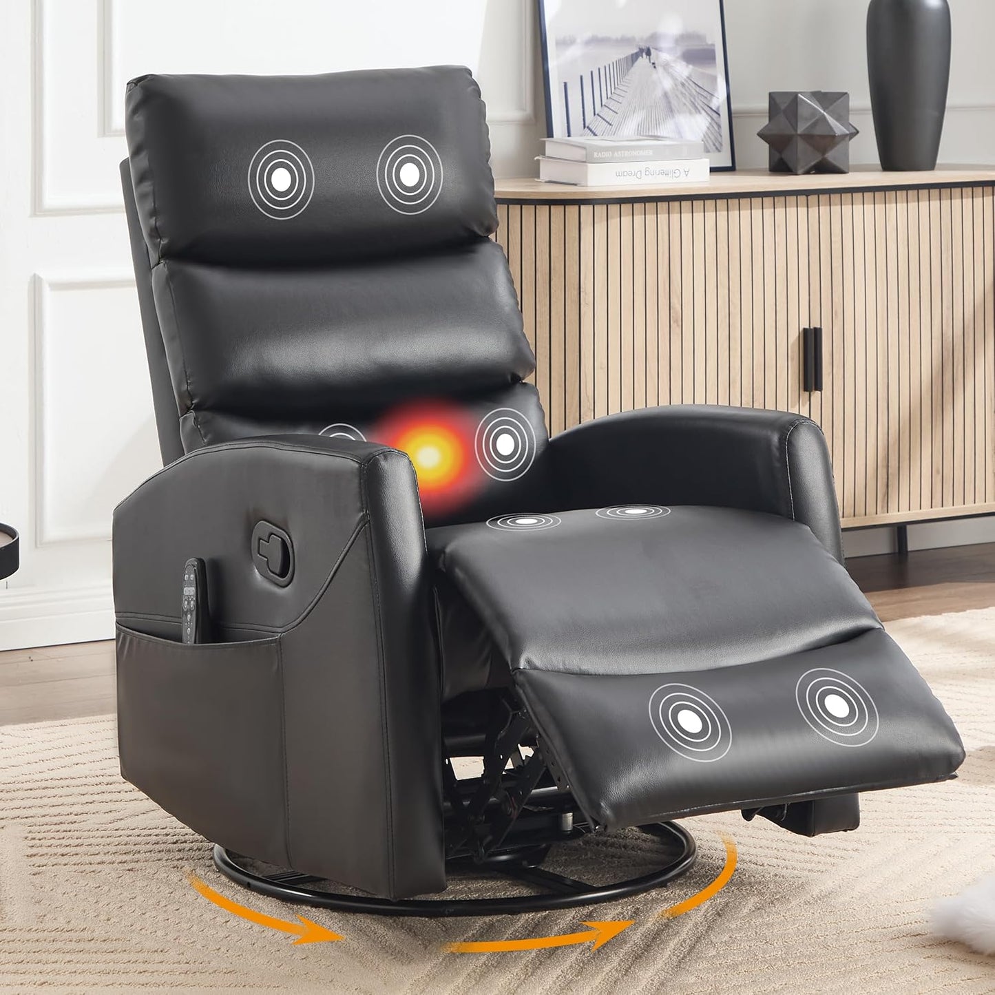 Manual Swivel Rocker Recliner Chair for Adults, Overstuffed Reclining Glider Chair for Nursing with Vibration Massage & Heat, Living Room Rocking Recliner 3-Stage backrest, Faux Leather Black