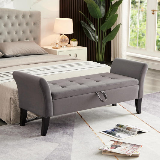 Furniliving 51” Bedroom Bench, End of Bed Bench with Button-Tufted Large Upholstered Storage Bench Ottoman Velvet Window Bench with Storage Shoe Cabinet Bench, for Bedroom, Entryway, Closet, Grey