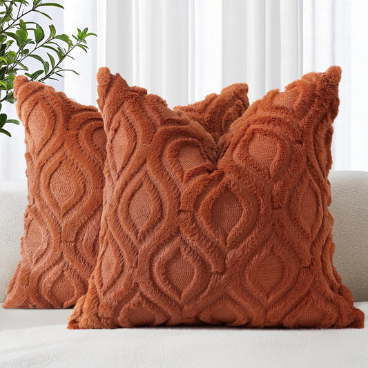 decorUhome Fall Throw Pillow Covers 26x26 Inch Set of 2, Soft Plush Decorative Faux Fur Rust Solid Couch Pillow Covers, Accent Farmhouse Neutral Square Euro Pillow Cases for Sofa Bed Living Room