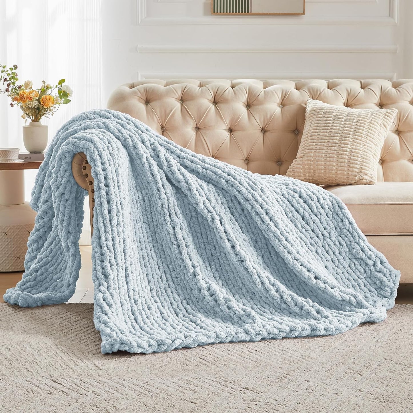 Carriediosa Chunky Knit Throw Blanket 60" X 80" Twin, 100% Hand Made Large Chenille Loop Yarn Soft Fluffy Throws for Couch Sofa Bed, Big Crochet Cozy Heavy Thick Cable Woven Blanket, Light Blue