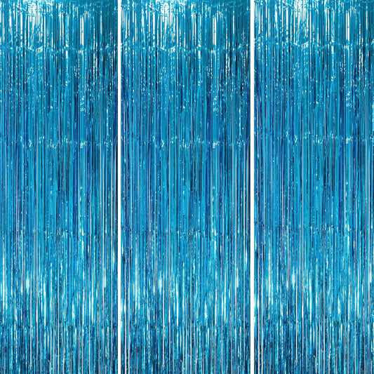 3 Pack 3.3 x 8.2 ft Retro Blue Foil Fringe Backdrop Curtains, Tinsel Streamers Party Decorations, Fringe Backdrop, Door Shimmer for Retro Theme Party