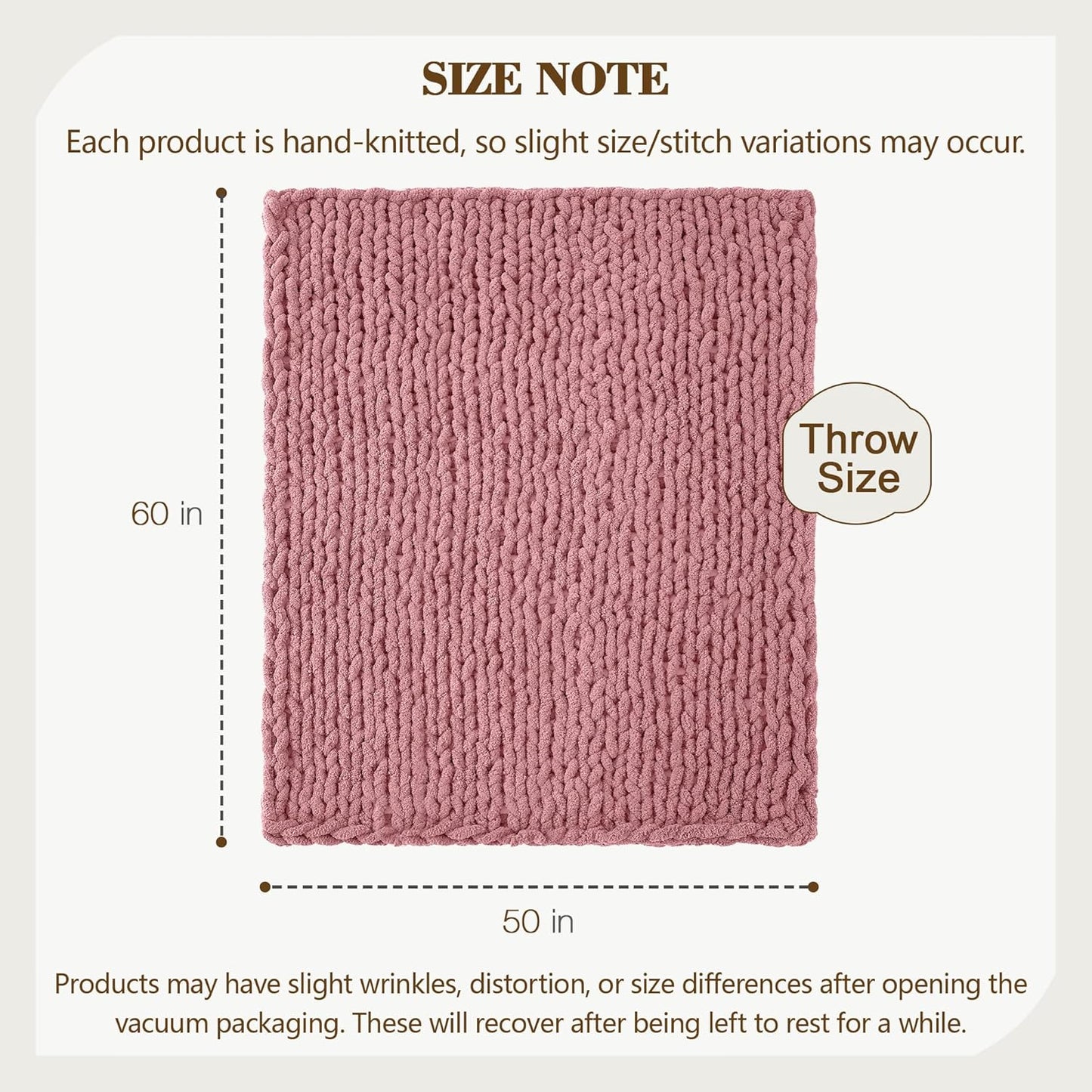 Carriediosa Chunky Knit Throw Blanket 50" X 60", 100% Hand Made Large Chenille Loop Yarn Soft Fluffy Throws for Couch Sofa Bed, Big Crochet Cozy Heavy Thick Cable Woven Blanket, Mauve