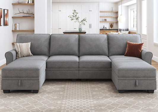 HONBAY Convertible Sectional Sofa with Storage Seat 6 Seat Sofa with Reversible Chaise U Shaped Sectional Couch for Living Room,Light Grey
