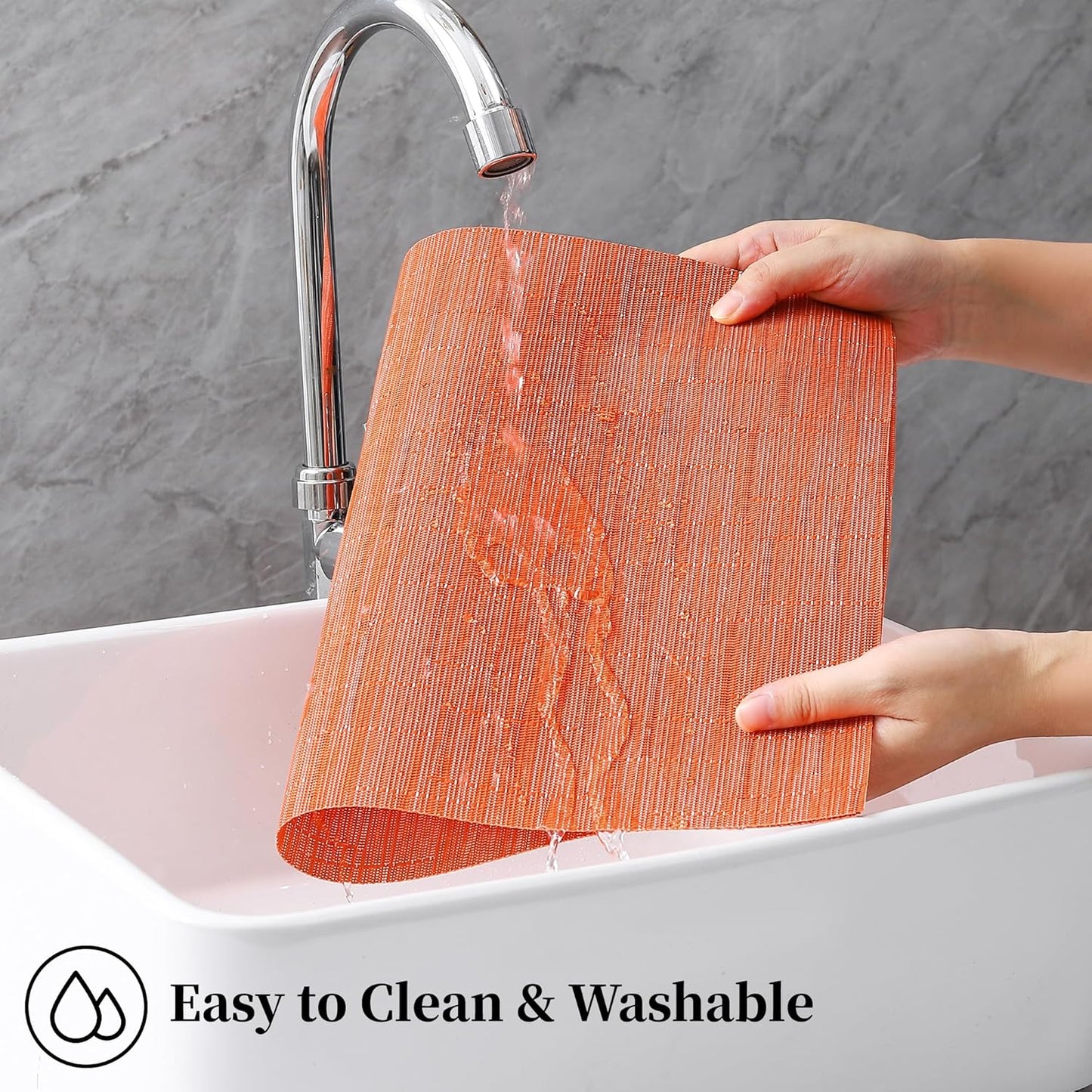 Leetaltree Orange Placemats Set of 6 - Heat Resistant Non-Slip Place mats for Dining Table, Washable Durable PVC Vinyl Woven Table Mats（Orange, 6）