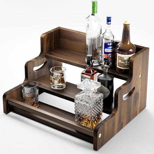 Tinamo Acacia Wood Liquor Bottle Display Shelf – 3-Tier Countertop Wine Rack, Bar Shelf – Whiskey Bar Stand for Home, Bottle Organizer for Countertop – Wine Holder with Handles (Walnut Color)