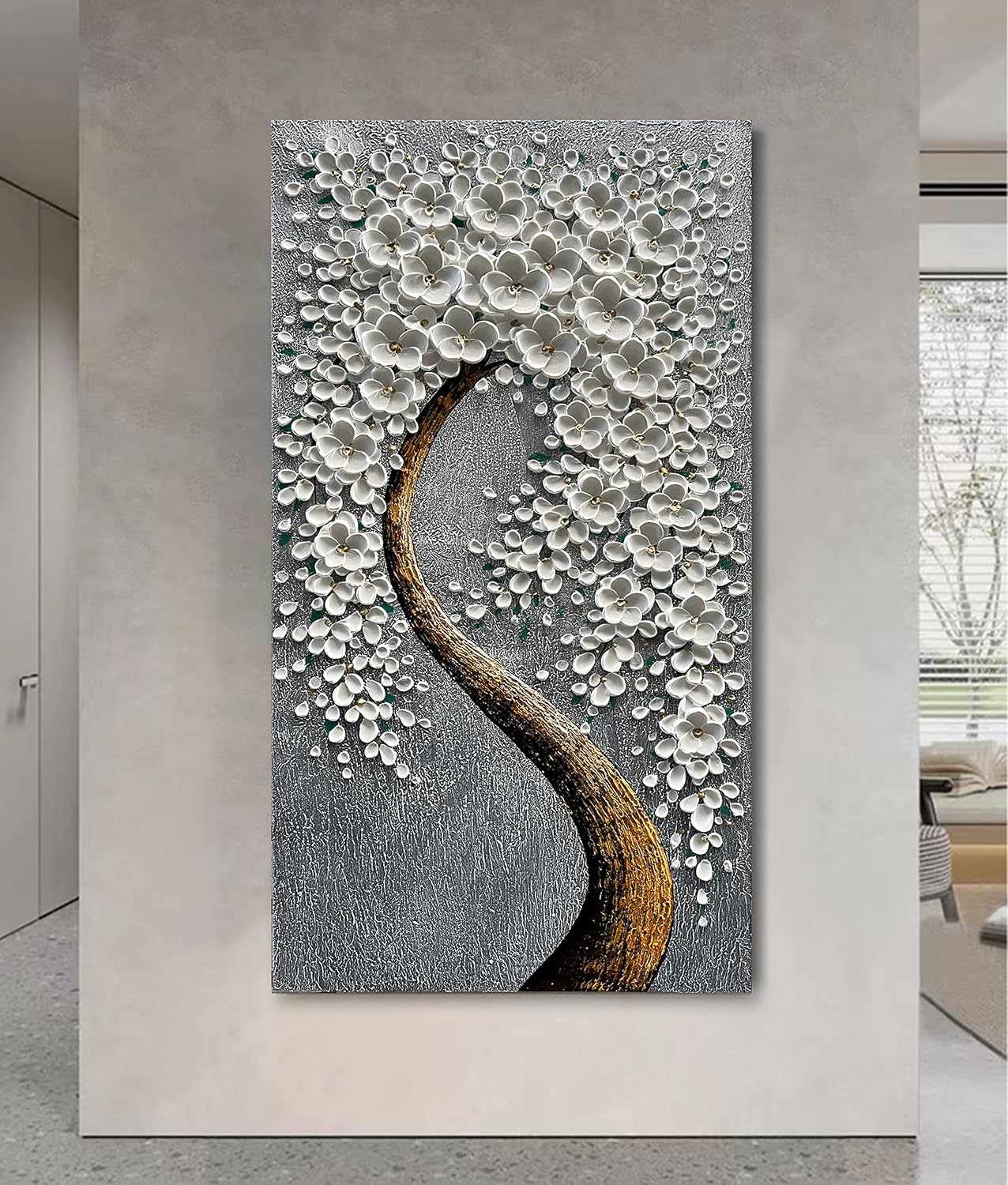 100% Hand-Painted 3D White Vertical Abstract Flower Tree Painting, Canvas Texture Mural, Living Room, Bedroom, Dining Room Mural 24x48 inchs