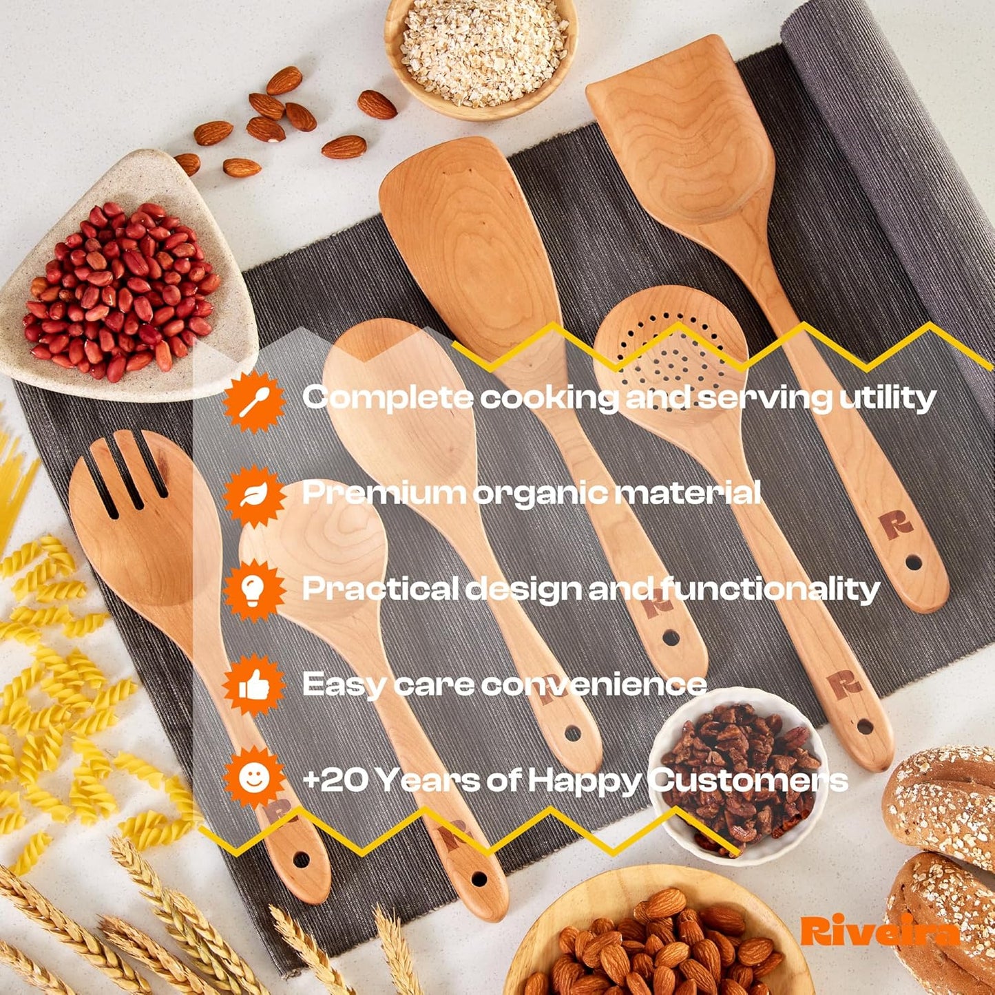 Riveira Cherry Wooden Spoons for Cooking Set of 6 – Natural Cherry Wood Cooking Utensils, Wooden Spatula, Wooden Spoon - Premium Quality Wooden Utensil Set for Non-Toxic Cooking