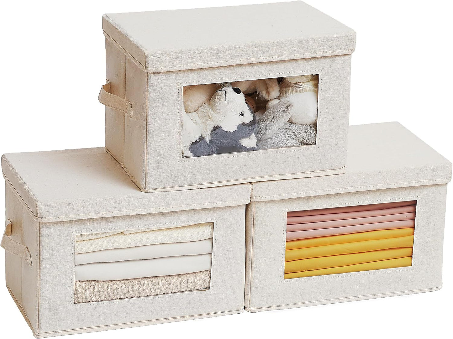 Citylife 3 Pack Storage Bins with Lids, Fabric Foldable Storage Bins with Soft Cord Handles, Canvas Storage Bin with Lid for Organizing Clothes, Blankets and Books, Beige