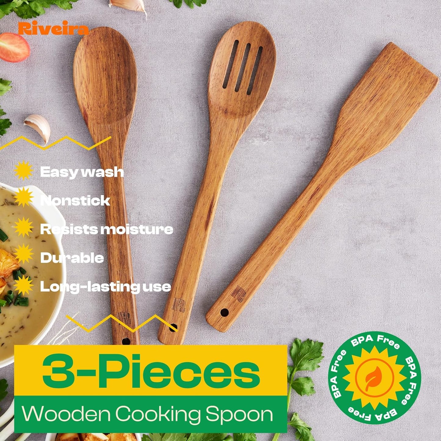 Riveira Teak Wooden Spoons for Cooking Set of 3 – Natural Teak Wooden Cooking Utensils, Wooden Spatula, Wooden Spoon - Premium Quality Wooden Utensil Set for Non-Toxic Cooking