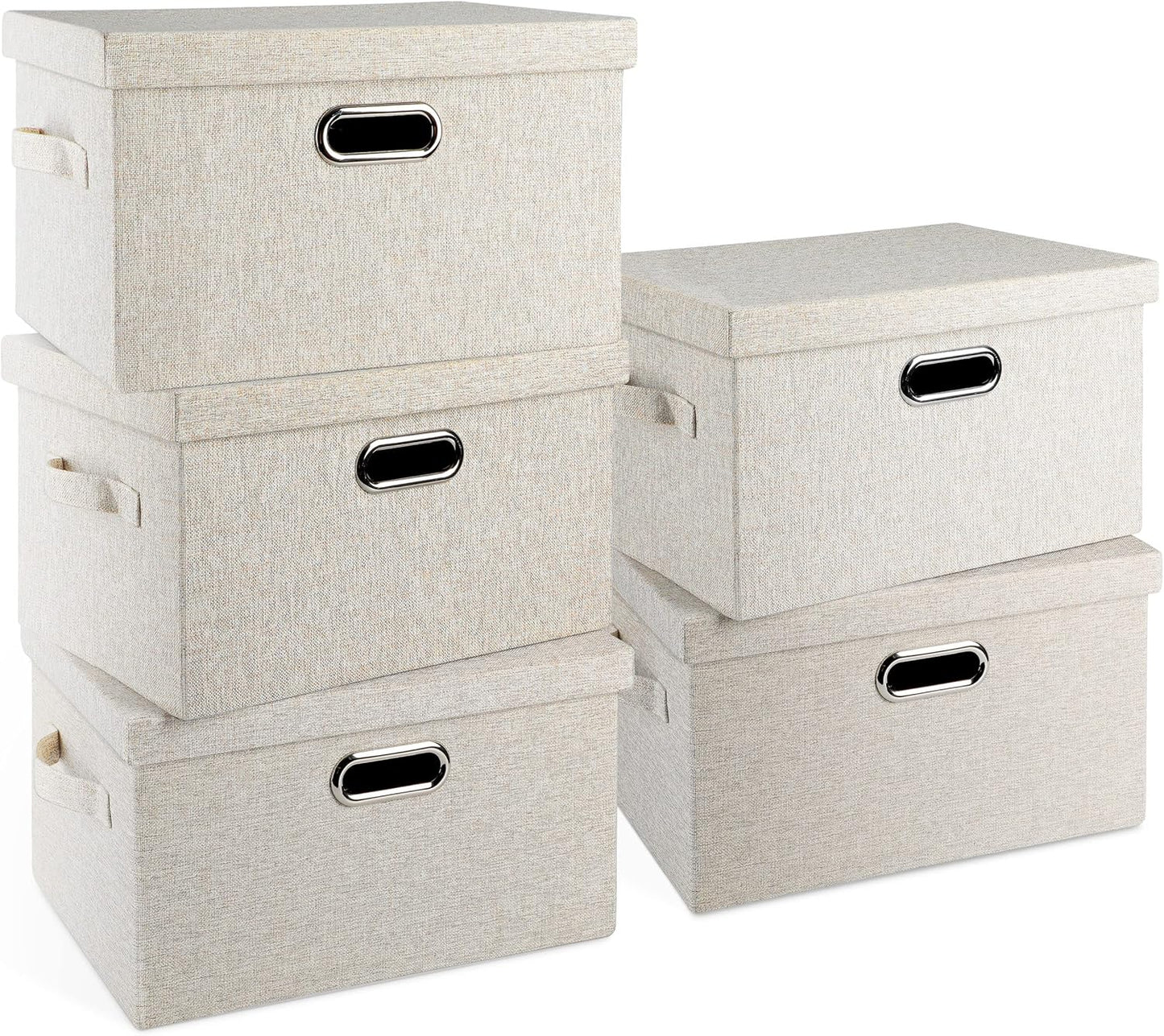 Medium 15" 21 Quart Collapsible Stackable Storage Bins with Lids, 5 Packs Beige Foldable Fabric Closet Boxes Heavy-duty Lidded Linen Cube Baskets Container Organizers and Storage
