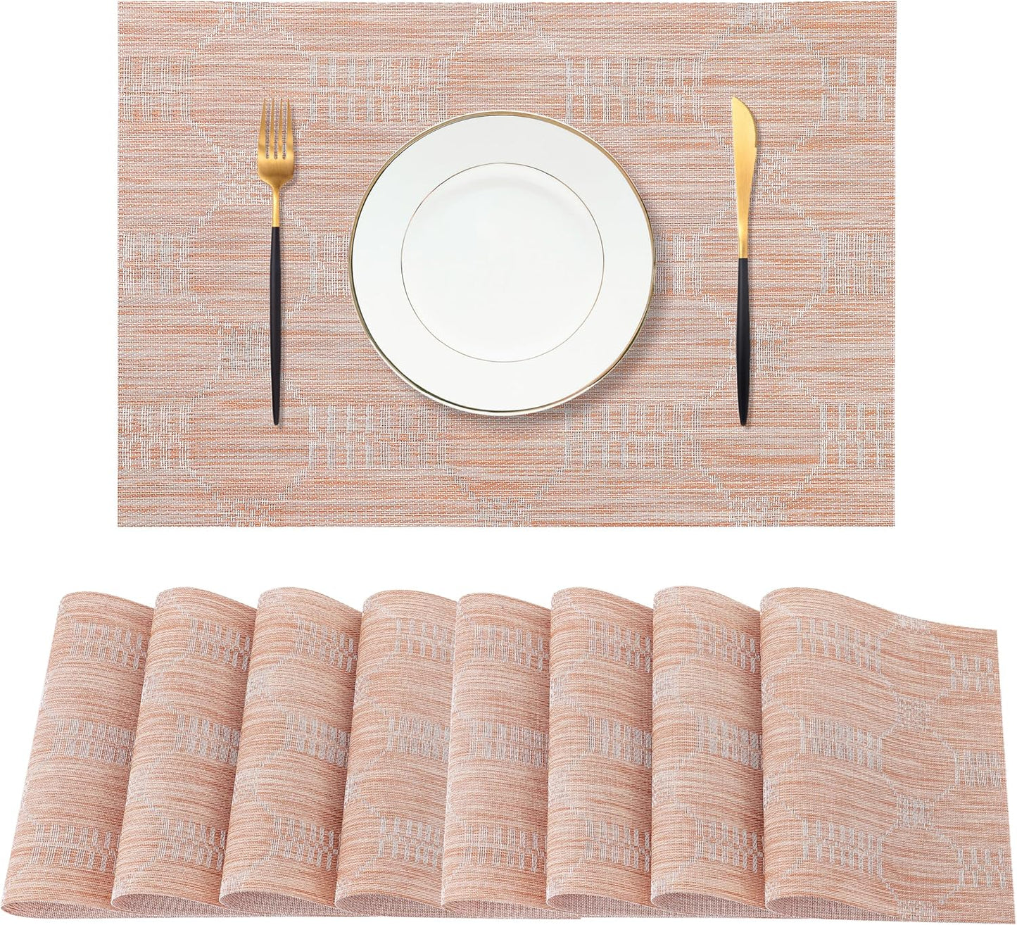 Leetaltree Coral Placemats Set of 8 - Heat Resistant Non-Slip Place mats for Dining Table, Washable Durable PVC Vinyl Woven Table Mats（Coral, 8）