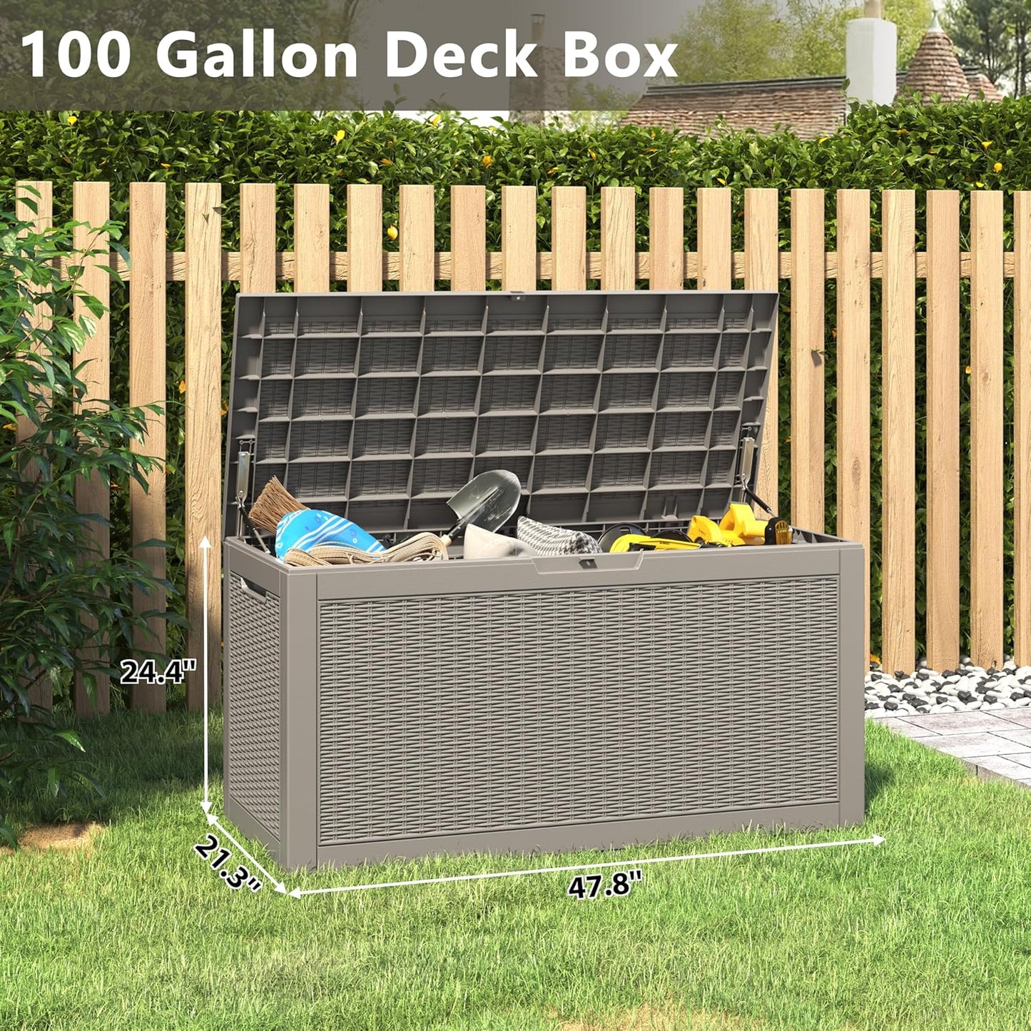 100 Gallon Deck Box Lockable Resin Outdoor Storage Box waterproof Outdoor Container for Patio Furniture Cushions, Pillow
