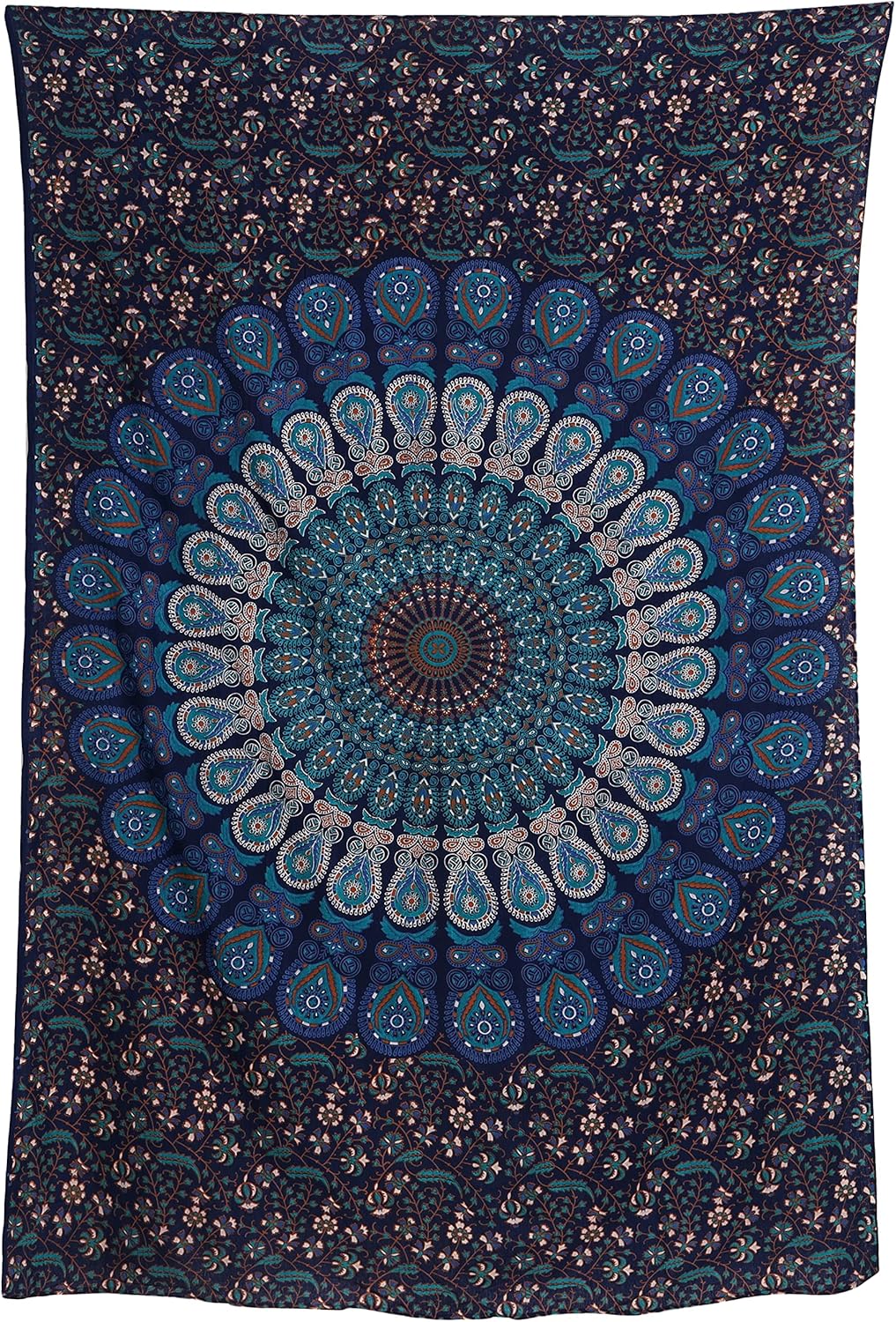 Bless International Handmade Indian hippie Bohemian Psychedelic Peacock Mandala Wall hanging College Dorm Beach Throws Table Cloth Bedding Tapestry (Blue Green, Poster(30x40Inches)(76x101cms))