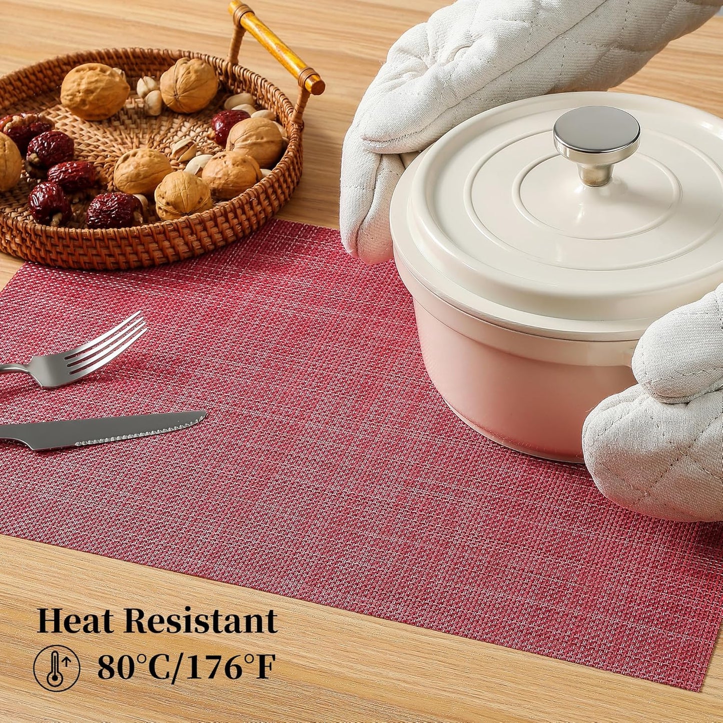 Leetaltree Red Placemats Set of 6 - Heat Resistant Non-Slip Place mats for Dining Table, Washable Durable PVC Vinyl Woven Table Mats（Red, 6）