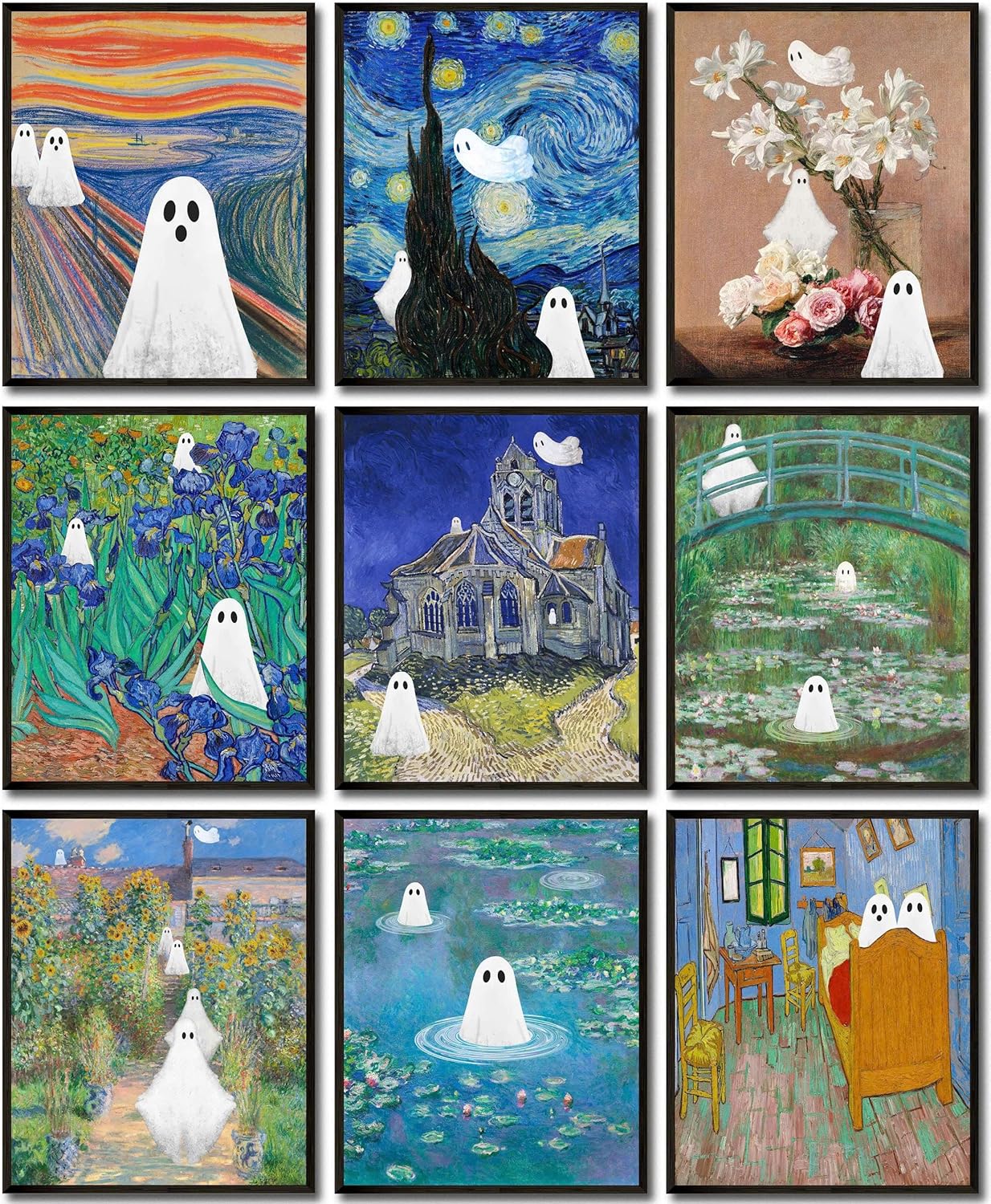 LANCHI95 Vintage Ghost Posters Halloween Wall Art Witch in The Forest Painting Prints Halloween Wall Decor for Living Room Bedroom 8x10 in - 9pcs (UNFRAMED)