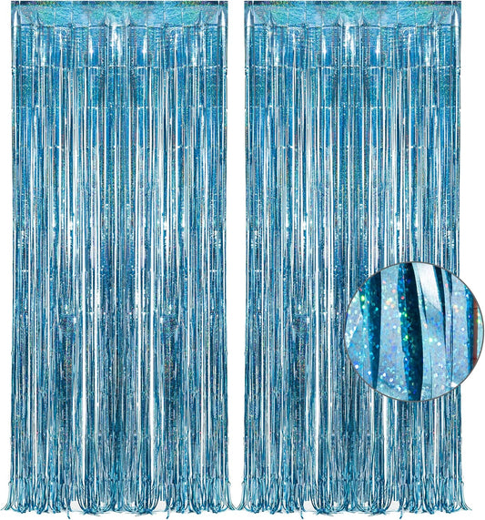 Blue Tinsel Curtain Party Backdrop - GREATRIL Foil Curtain Party Photo Streamers Backdrop for Frozen/Mermaid/Under Sea/Baby Party Decorations - Pack of 2