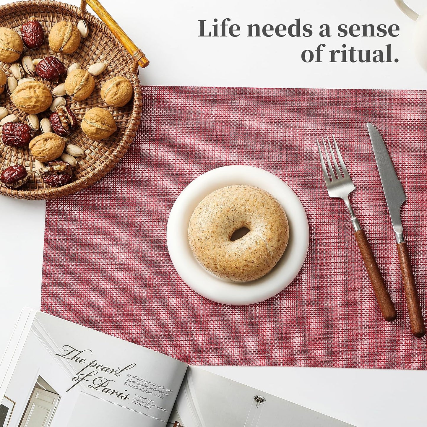 Leetaltree Red Placemats Set of 4 - Heat Resistant Non-Slip Place mats for Dining Table, Washable Durable PVC Vinyl Woven Table Mats（Red, 4）