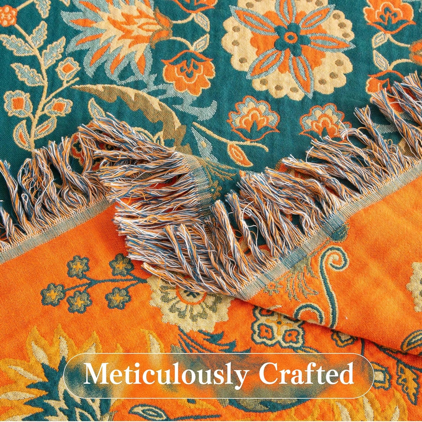 Boho Throw Blanket Queen Size, Oversized Soft Cozy Cotton Muslin Quilt Blanket for Bed Decor, Floral Patterned Couch Sofa Chair Cover, Vintage Farmhouse Cottage Woven Blanket, Orange&Green
