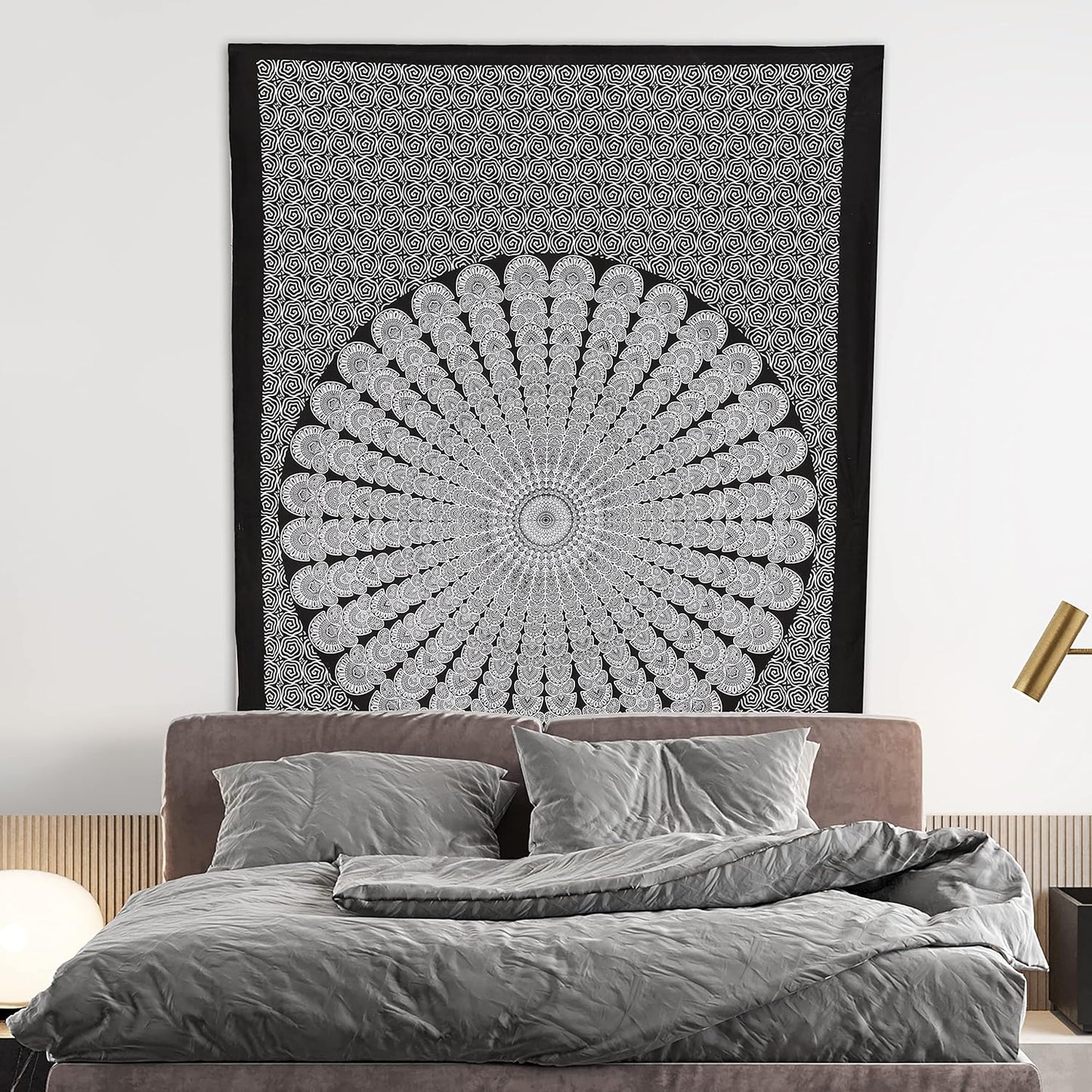 Bless International Handmade Indian hippie Bohemian Psychedelic Peacock Mandala Wall hanging College Dorm Beach Throws Table Cloth Bedding Tapestry (Black White, Twin(54x72Inches)(140x185cms))