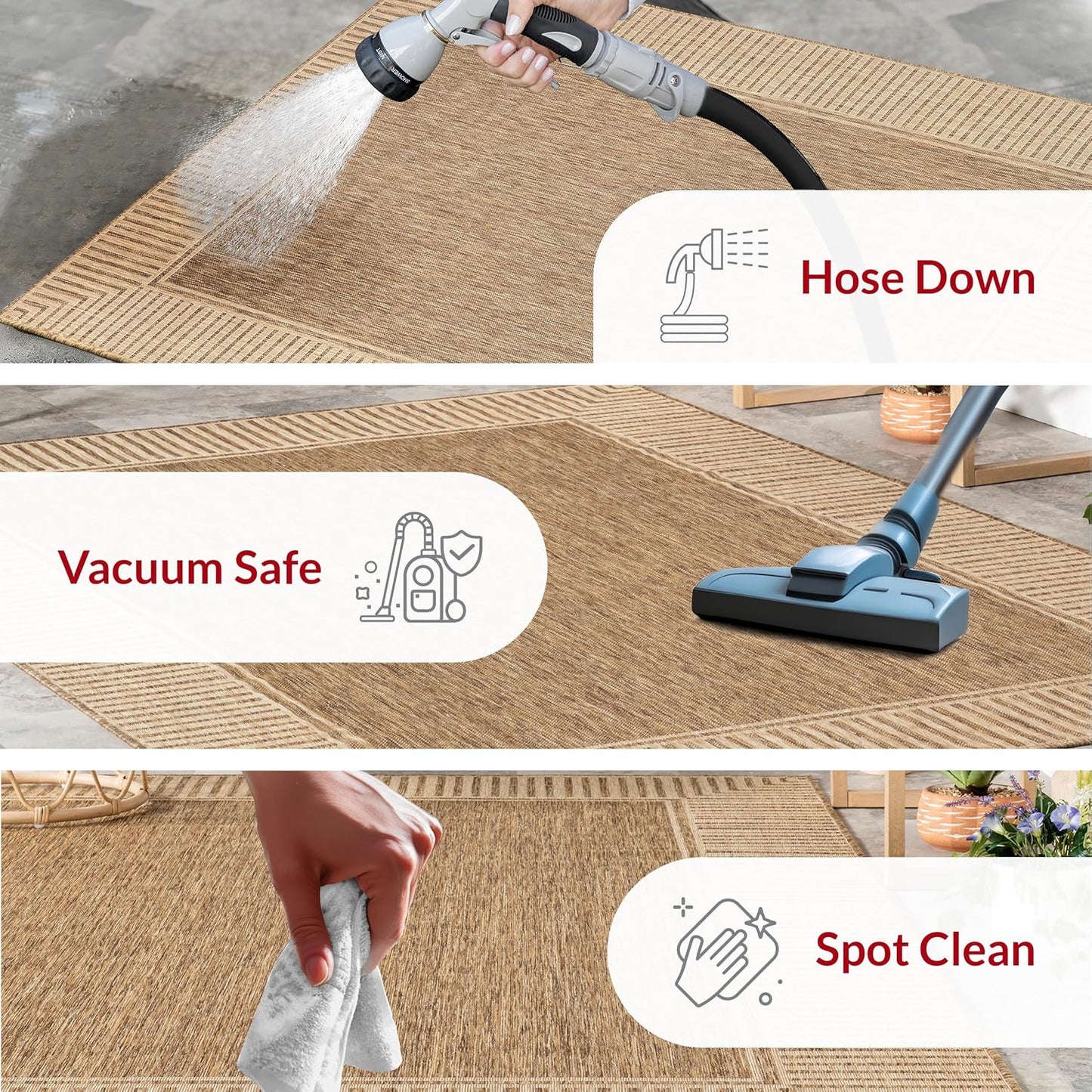 nuLOOM 3'6" x 5' Outdoor Area Rug, Casual Design With Striped Border, Stain Resistant, Highly Durable, For Patio, Balcony, Bedroom, Living Room, Dining Room, Bathroom, Light Brown