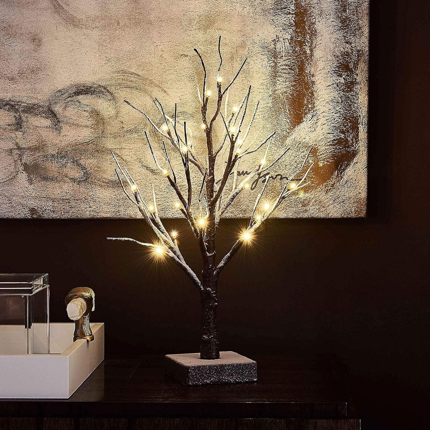 Hairui Pre Lit Tabletop Snow Dusted Tree with Timer 24LED 18IN Battery Operated for Christmas Valentine Party Decoration 2 Set