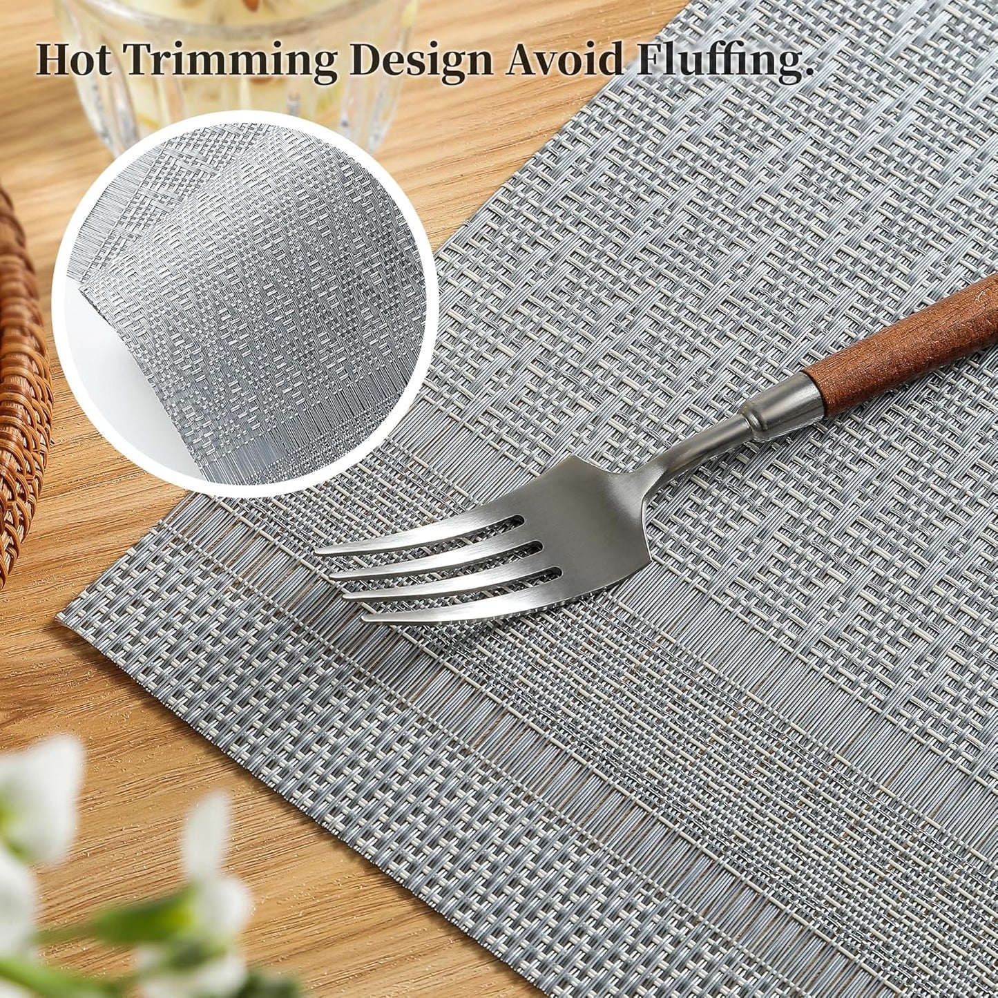 Leetaltree Lunar Grey Placemats Set of 6 - Heat Resistant Non-Slip Place mats for Dining Table, Washable Durable PVC Vinyl Woven Table Mats（Lunar Grey, 6）