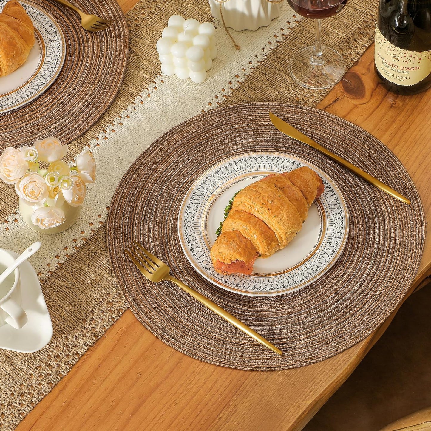 Leetaltree Round Placemats Heat and Slip Resistant Cotton Table Mats, Washable Bohemian Placemats for Dining Tables (Brown, Set of 12)